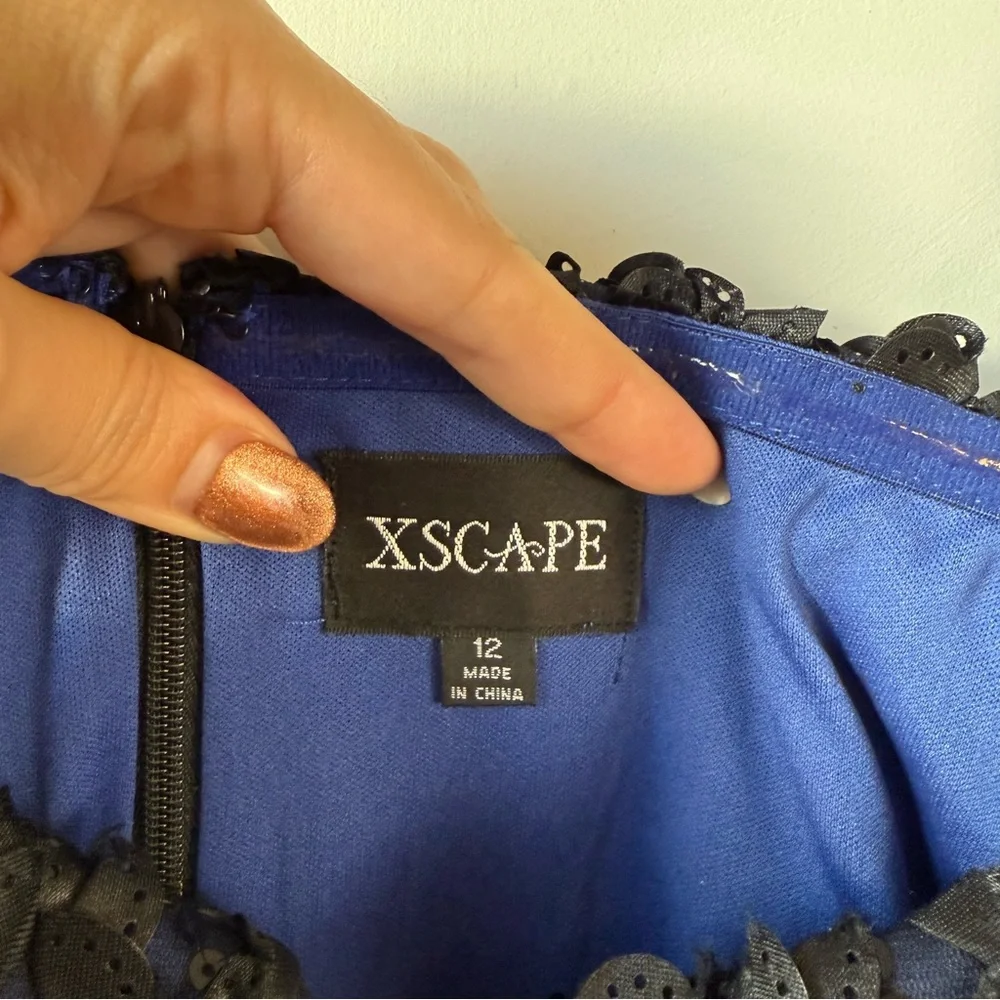 Xscape 6395X Appliqué Embellished Off The Shoulder Mermaid Gown‎ Black Blue 12